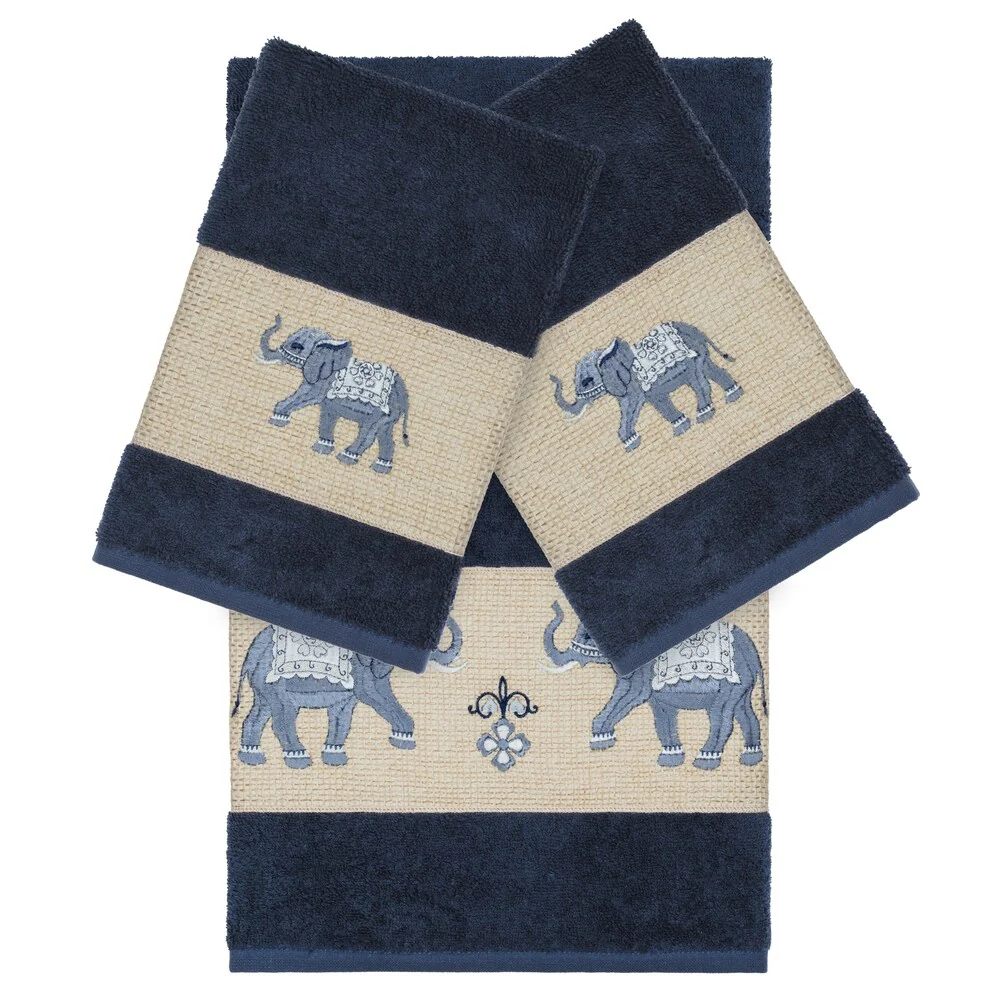 Authentic Hotel and Spa Turkish Cotton Elephants Embroidered Midnight Blue 3-piece Towel Set
