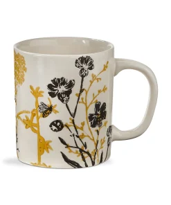 Let It Bee Collection Black and Yellow Wild Flowers Stoneware Coffee Tea and Coco Mug, 16 oz. - White