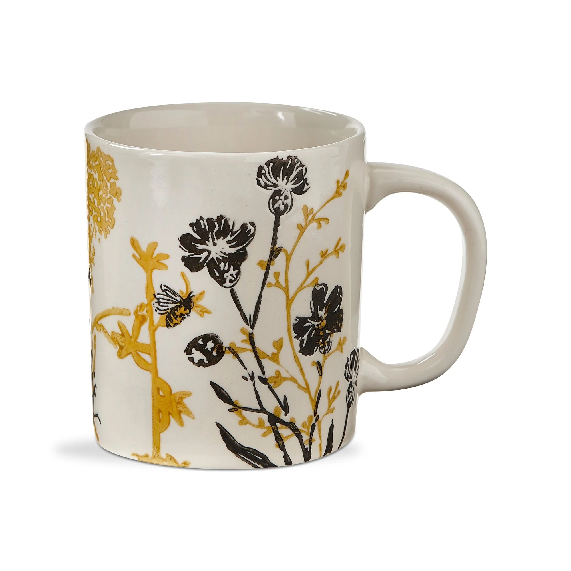 Let It Bee Collection Black and Yellow Wild Flowers Stoneware Coffee Tea and Coco Mug, 16 oz. - White