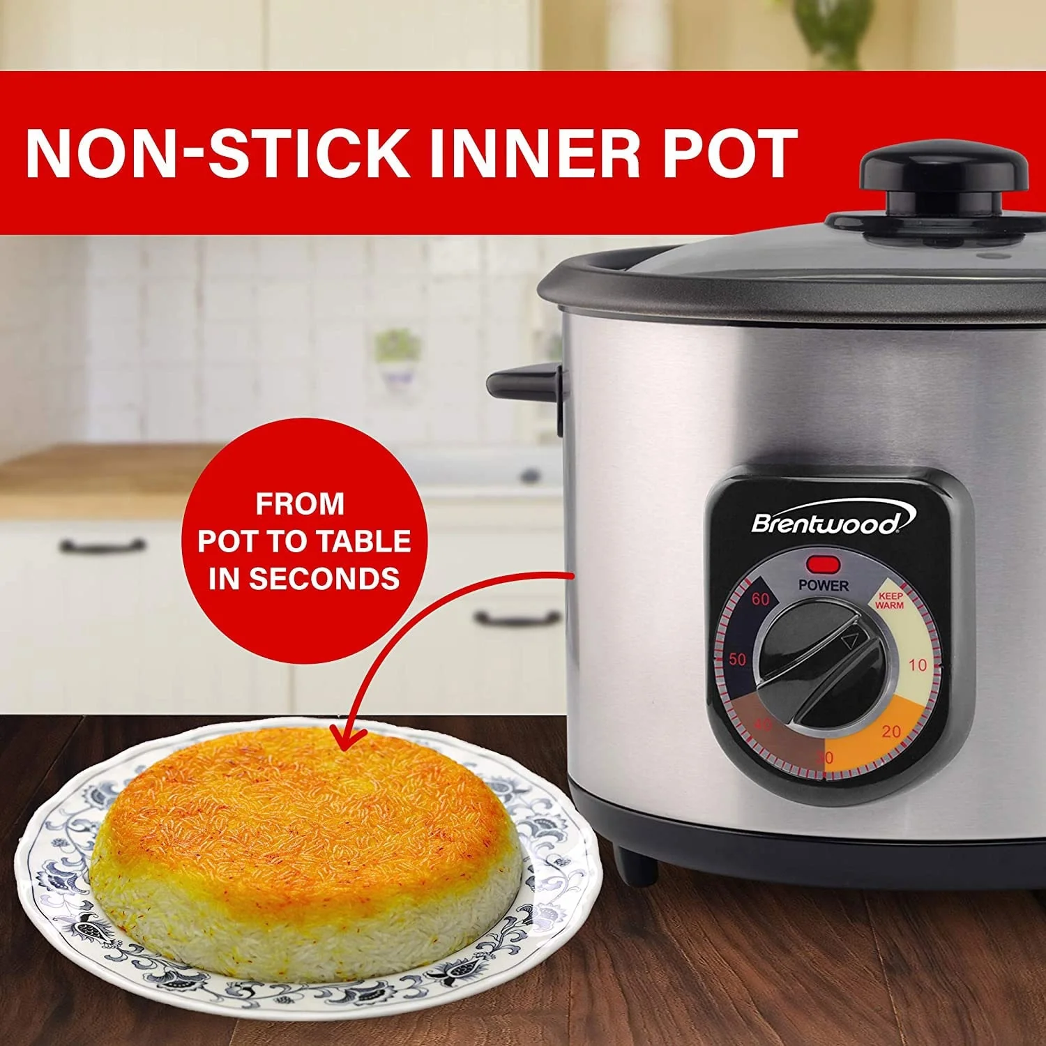 Brentwood TS-1216S Home Kitchen 8 Cup Crunchy Tahdig Persian Rice Cooker - 4.4