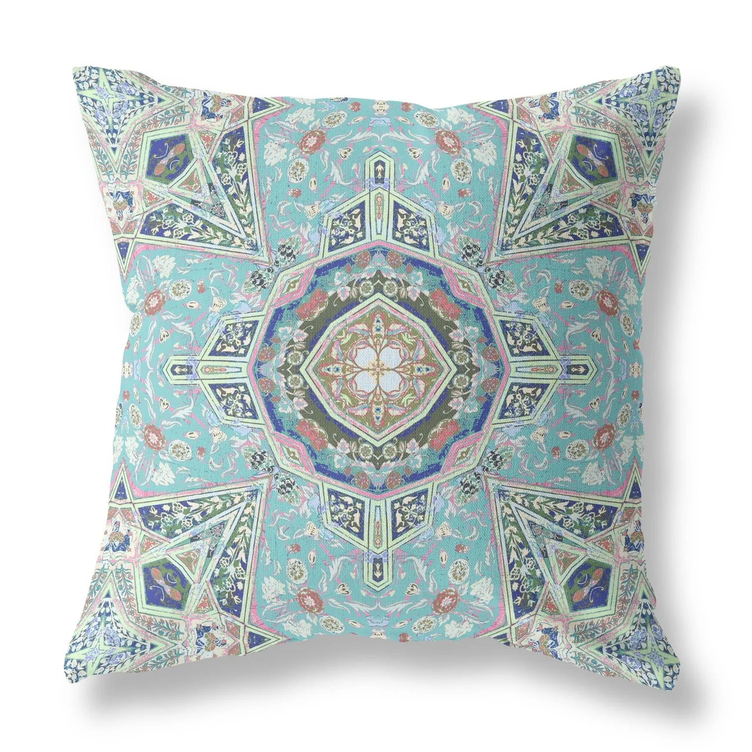 18" Aqua Brown Floral Geo Indoor Outdoor Throw Pillow - Blue