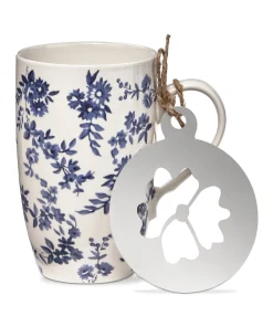 Cottage Blue Floral Flower Coffee Mug & Stencil Stoneware Dishwasher Safe, 22 oz.