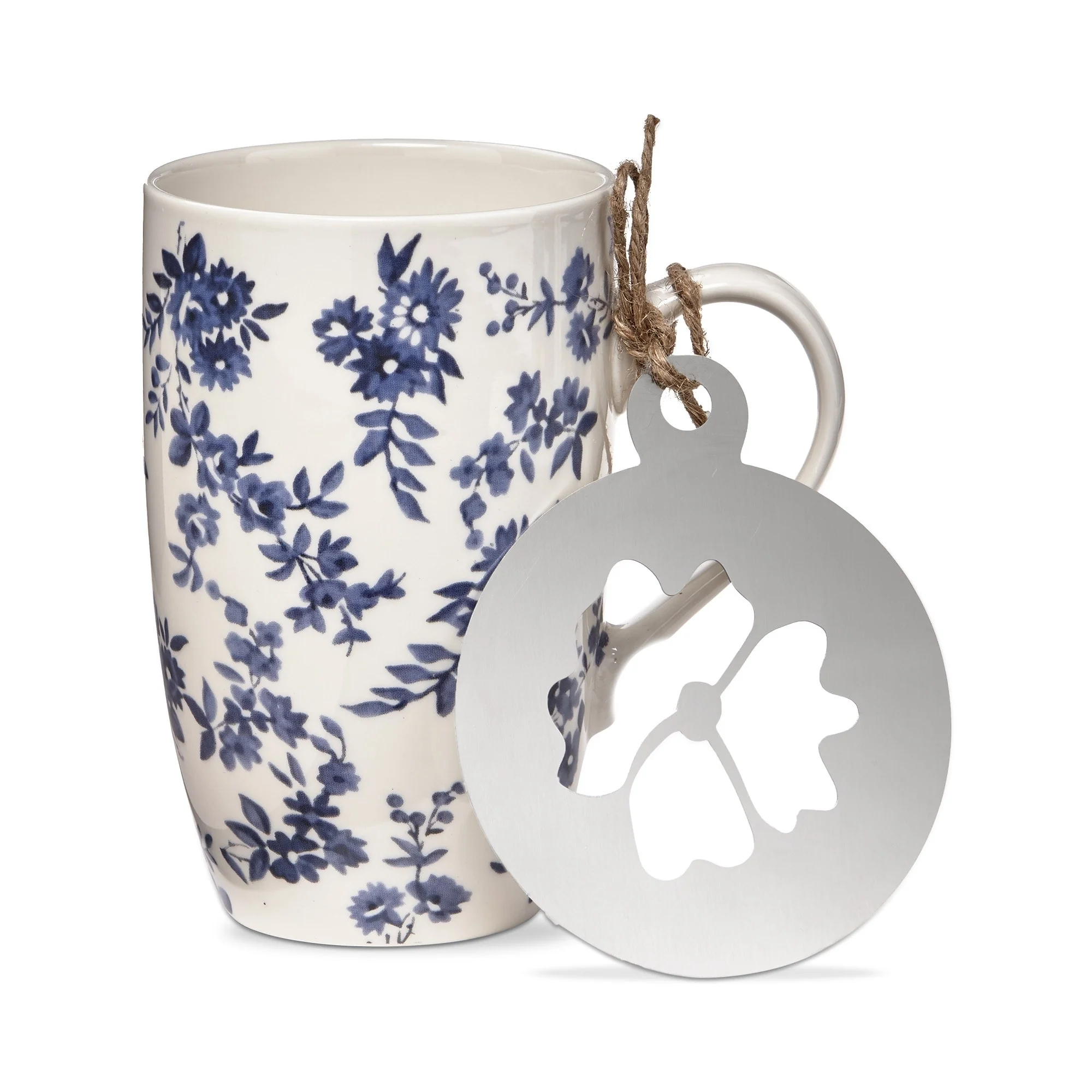 Cottage Blue Floral Flower Coffee Mug & Stencil Stoneware Dishwasher Safe, 22 oz.