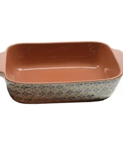 12" French Countryside Decorative Green and Blue Flower Rectangular Terracotta Oven Dish
