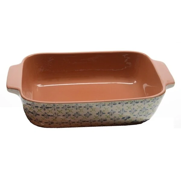 12" French Countryside Decorative Green and Blue Flower Rectangular Terracotta Oven Dish