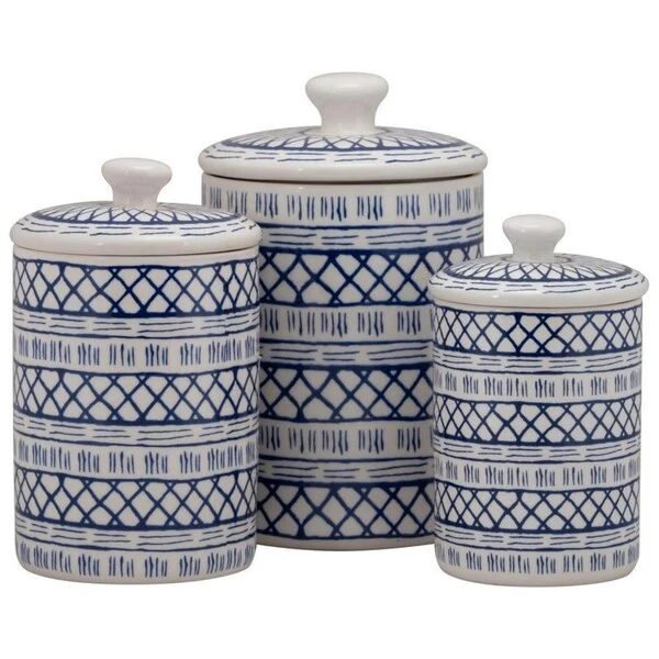 10 Strawberry Street Marina 3 Piece Canister Set, White/Blue