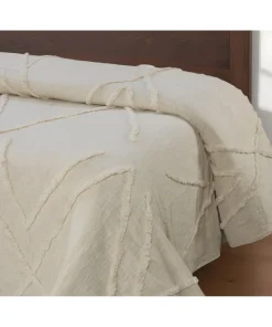 Ivory Geometric Twin Cotton Coverlet With Fringe