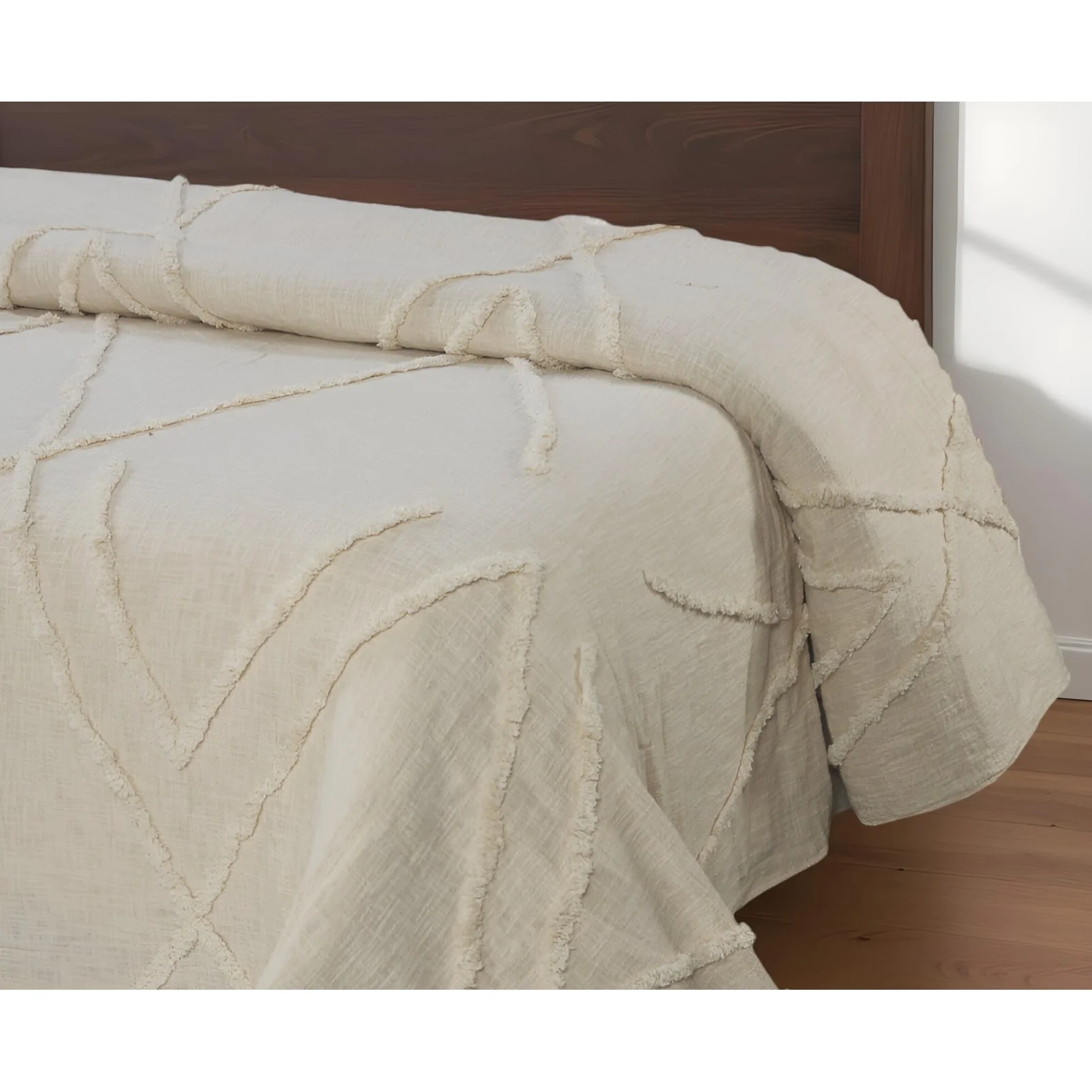 Ivory Geometric Twin Cotton Coverlet With Fringe