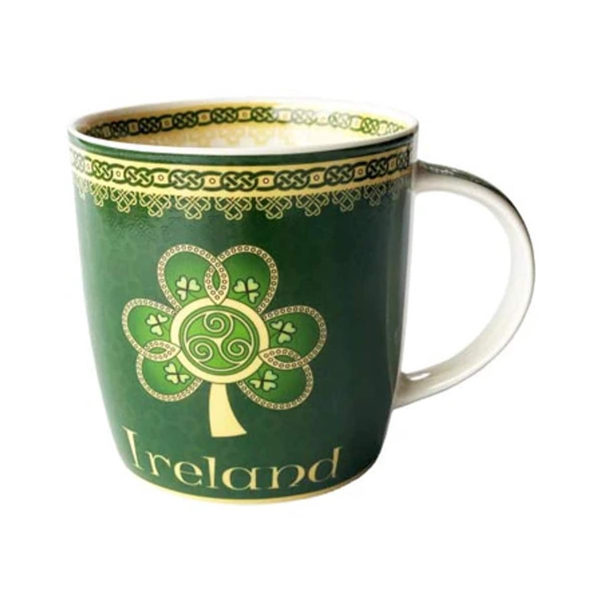 12.5oz Green Porcelain Mug with Celtic Symbolism Shamrock and Triskelion Perfect for Hot Beverages
