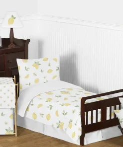 Lemon Floral Girl 5-piece Toddler Comforter Set - Yellow Green White Watercolor Boho Bohemian Farmhouse Fruit Flower Blossom