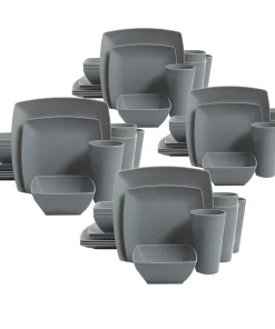 Gibson Home 16pc Square Melamine Dinnerware Plates, Bowls, & Cups, Grey (4 Pack)