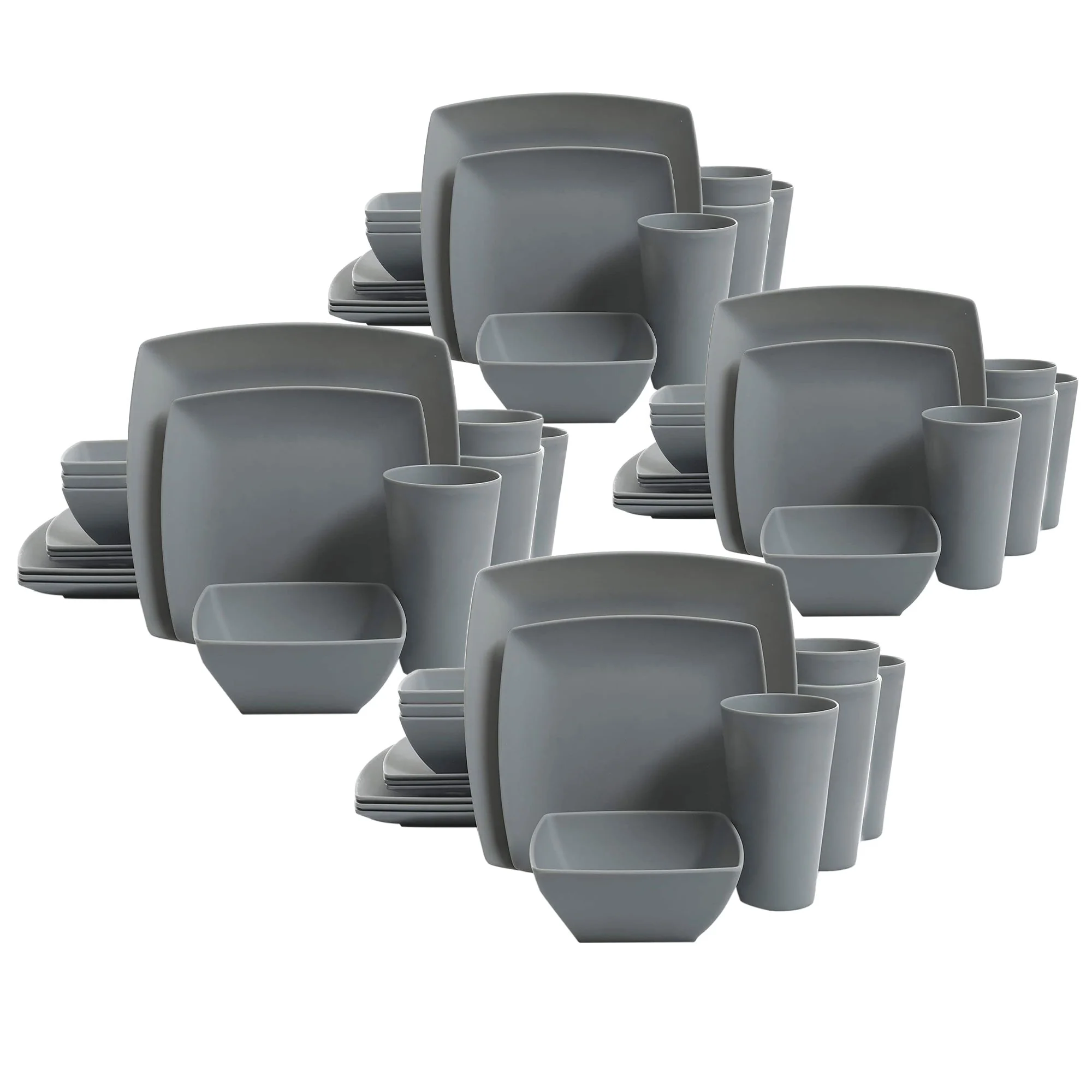 Gibson Home 16pc Square Melamine Dinnerware Plates, Bowls, & Cups, Grey (4 Pack)