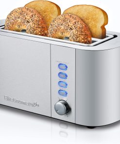 Elite Gourmet ECT-3100 Long Slot 4 Slice Toaster, Reheat, 6 Toast Settings, Defrost, Cancel Functions, Built-in Warming Rack, Extra Wide Slots for Bagels & Waffles, Stainless Steel & Black