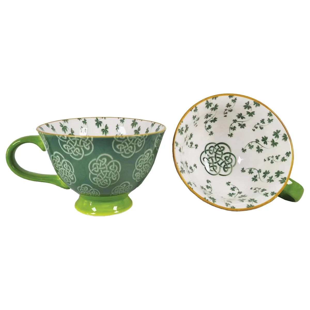 15.21oz Green White Bone China Mug Irish-Inspired Latte Cup with Celtic Knot Swirl Design