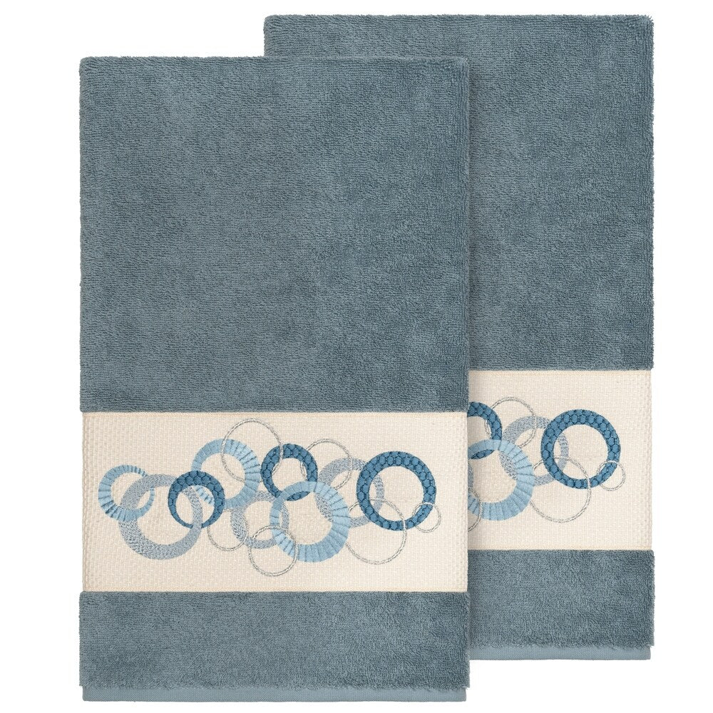 Authentic Hotel and Spa Turkish Cotton Circles Embroidered Teal Blue 2-piece Bath Towel Set