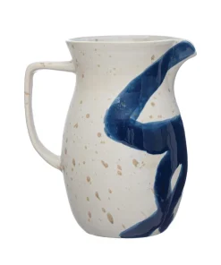 Hand-Painted Stoneware Pitcher, Reactive Glaze, Cream Color and Blue (Each One Will Vary)