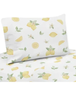 Lemon Floral 4-piece Queen Sheet Set - Yellow Green White Watercolor Boho Bohemian Farmhouse Fruit Flower Blossom Botanical Leaf