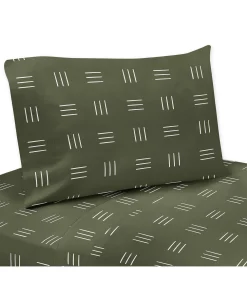 Hunter Green Boho Mudcloth 4pc Queen Sheet Set White Bohemian Woodland Tribal Mud Cloth Hatch Gender Neutral Safari Jungle