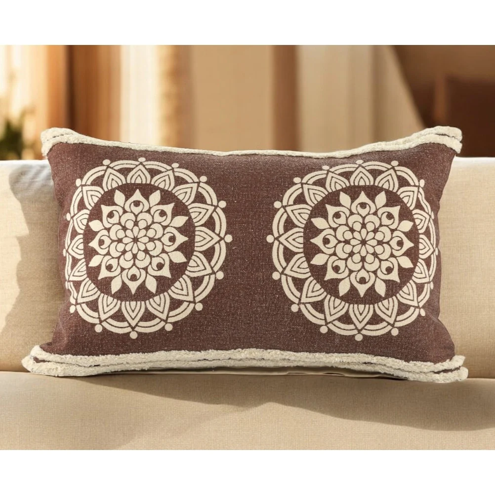 HomeRoots 16" X 24" Brown and Ivory Medallion Cotton Lumbar Throw Pillow With Texture