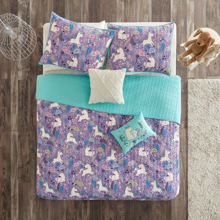 Daily Boutik Full/Queen 100% Cotton Kids Teal Purple Unicorn Quilt Coverlet Bedspread Set