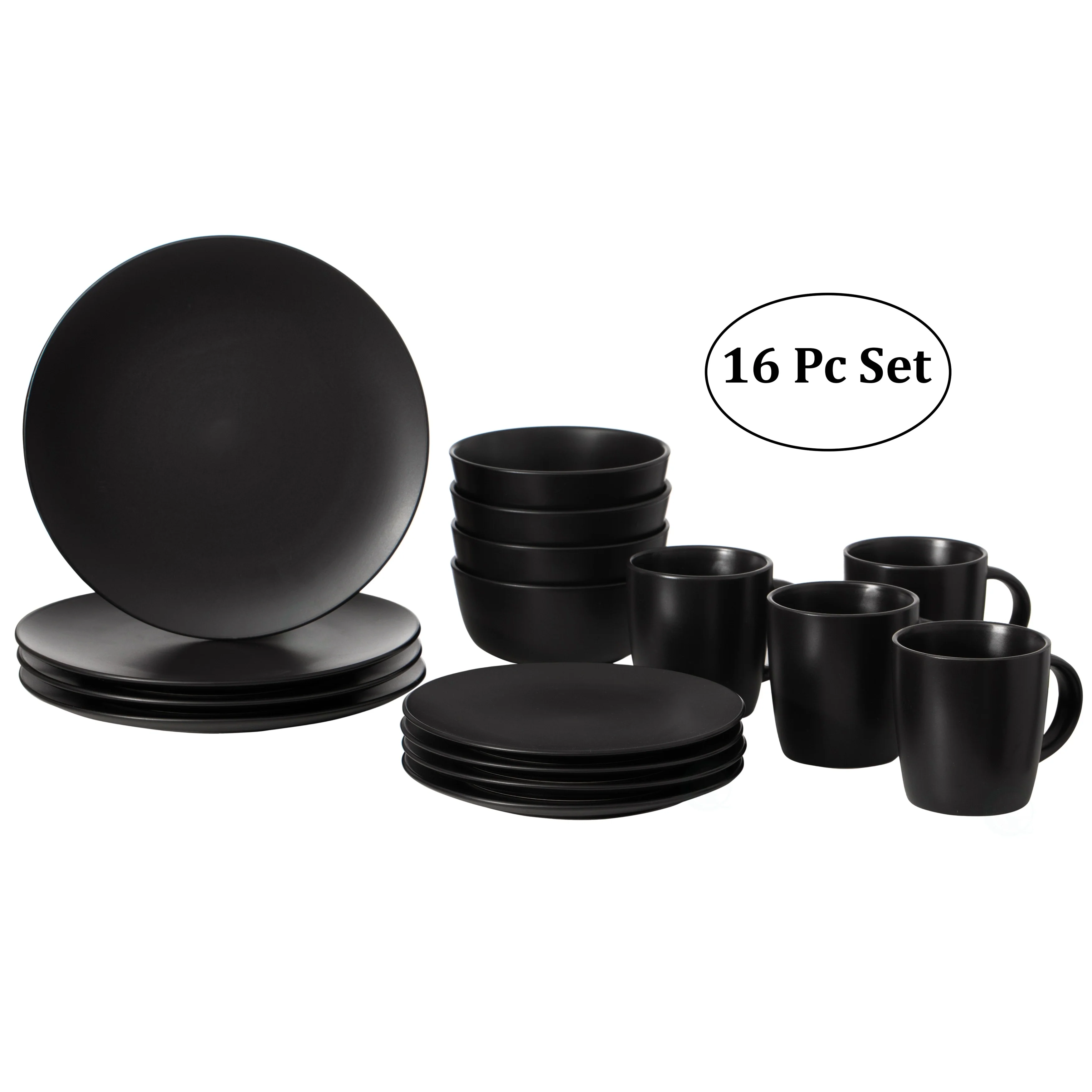 16 PC Dinnerware Dish Set for 4 Person | Mugs, Salad and Dinner Plates and Bowls Sets, Chip and Crack Resistant, Matte Black