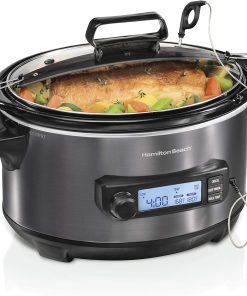 Hamilton Beach Portable 6 Quart Set & Forget Digital Programmable Slow Cooker with Lid Lock, Temperature Probe, Dishwasher Safe Crock & Lid, Black Stainless (33866)