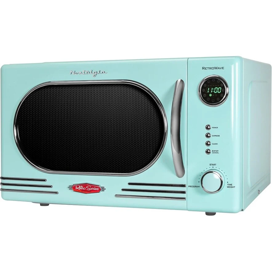1.1 Cu Ft Retro Microwave with 1000W, Removable Turntable & 12 Programs in Aqua