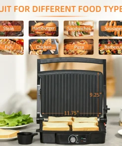 4 Slice Panini Press Grill Sandwich Maker with Non Stick Double Plates - 13.75" L x 12.75" W x 4.75" H