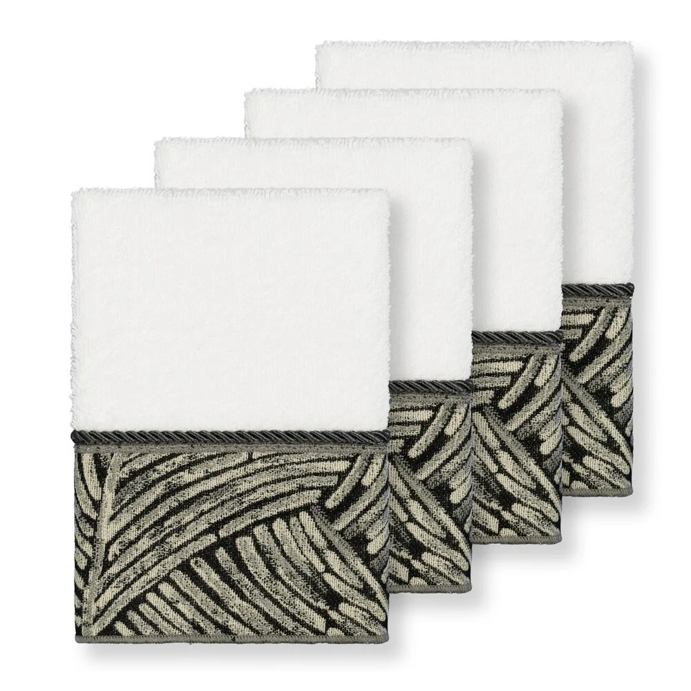 Authentic Hotel and Spa Turkish Cotton Fern Jacquard Trim White 4-piece Washcloth Set