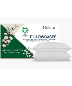 Delara 100% Organic Cotton Percale Pillowcase Pack of 2, GOTS Certified, 400 Thread Count