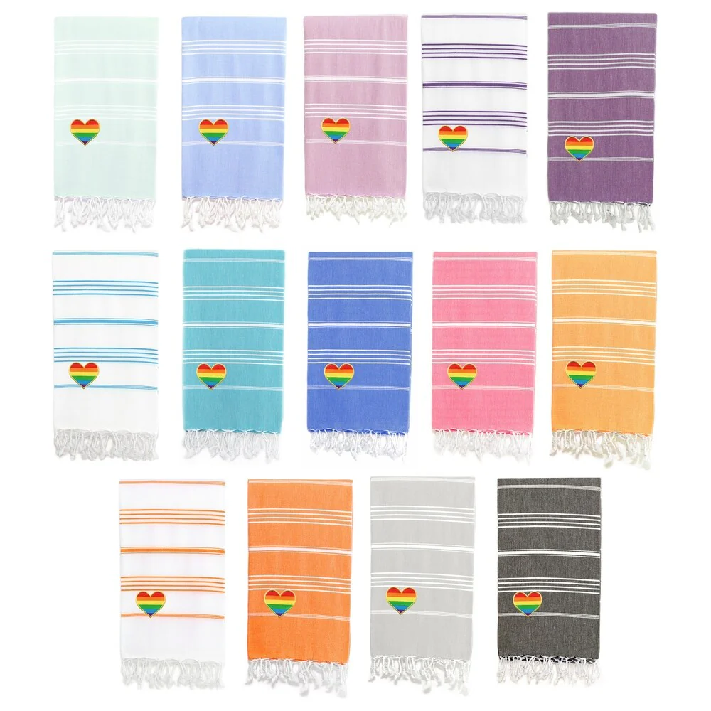 Authentic Hotel and Spa 100% Turkish Cotton Lucky Cheerful Rainbow Heart Pestemal Beach Towel
