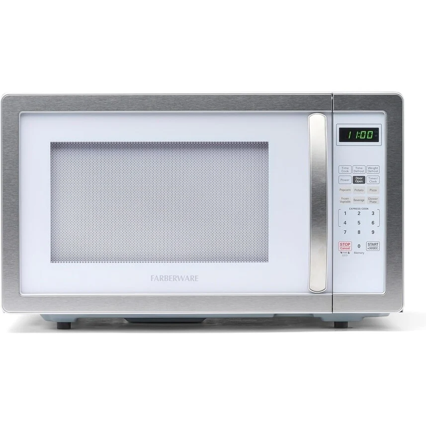 1.1 Cu Ft Countertop Microwave with LED Lighting, Child Lock & Easy Clean White Platinum Finish