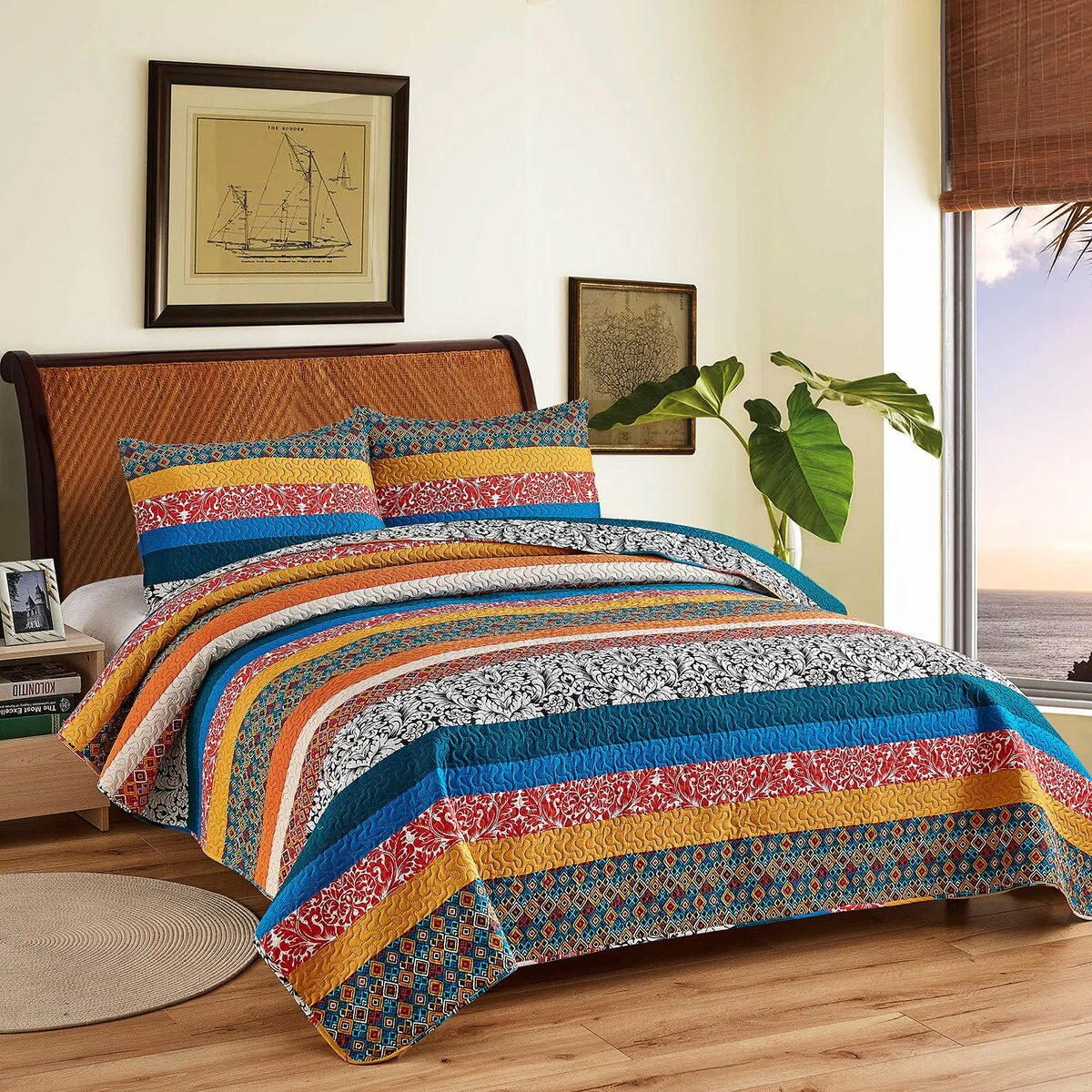 Boho Stripe Quilt Reversible 3 Piece Bohemian Design Bedding Set