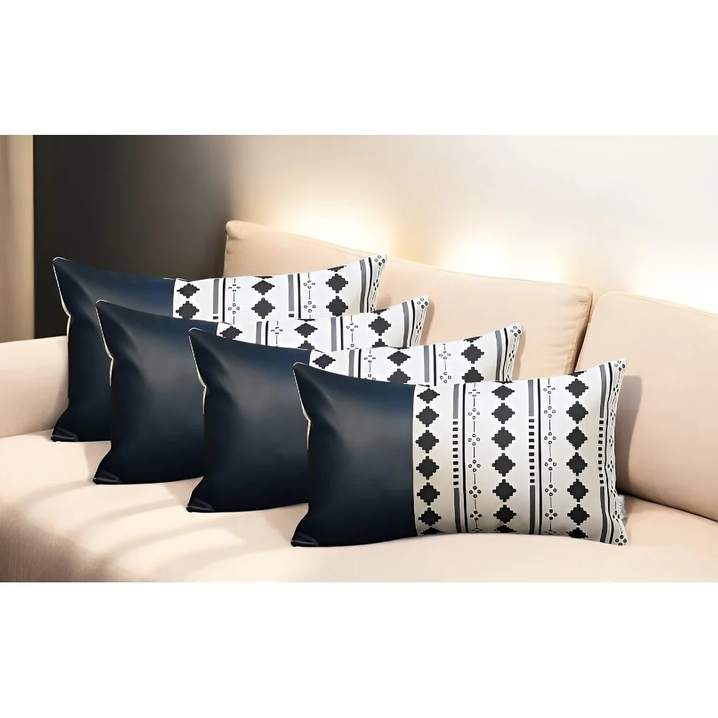 HomeRoots Set Of Four 20" X 12" Navy Blue Faux Leather Diamond Zippered Pillow