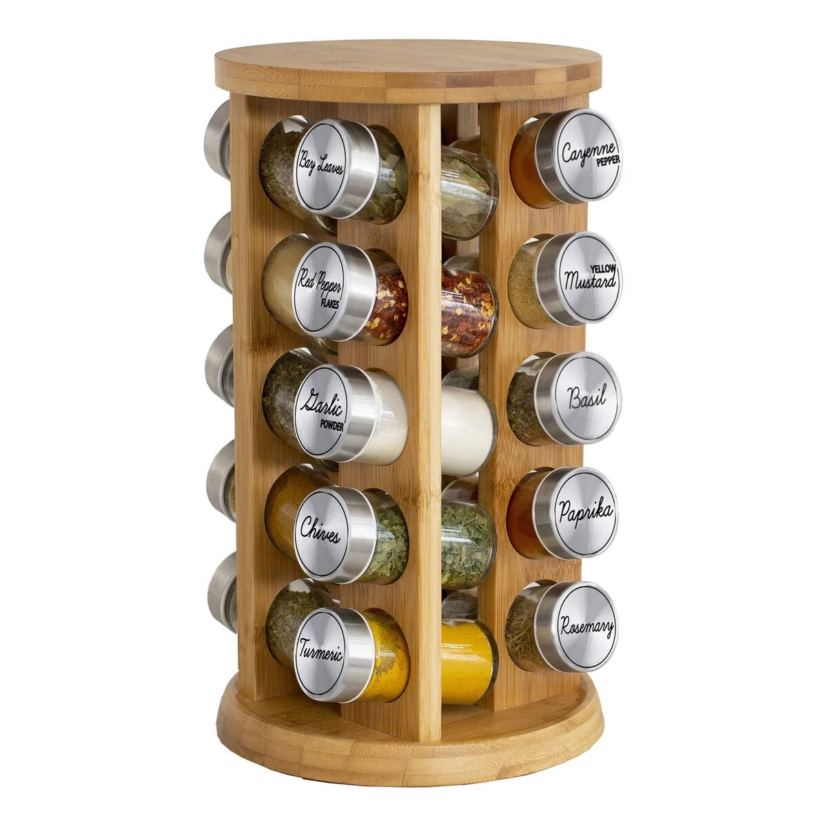 20 Jar Bamboo Spice Rack with Spices Included - Rotating Tower Organizer for Kitchen Spices and Seasonings,Free Spice Refills