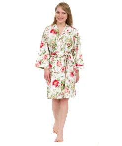 Leisureland Women's Cotton Poplin Robe, Short Kimono Floral Robe