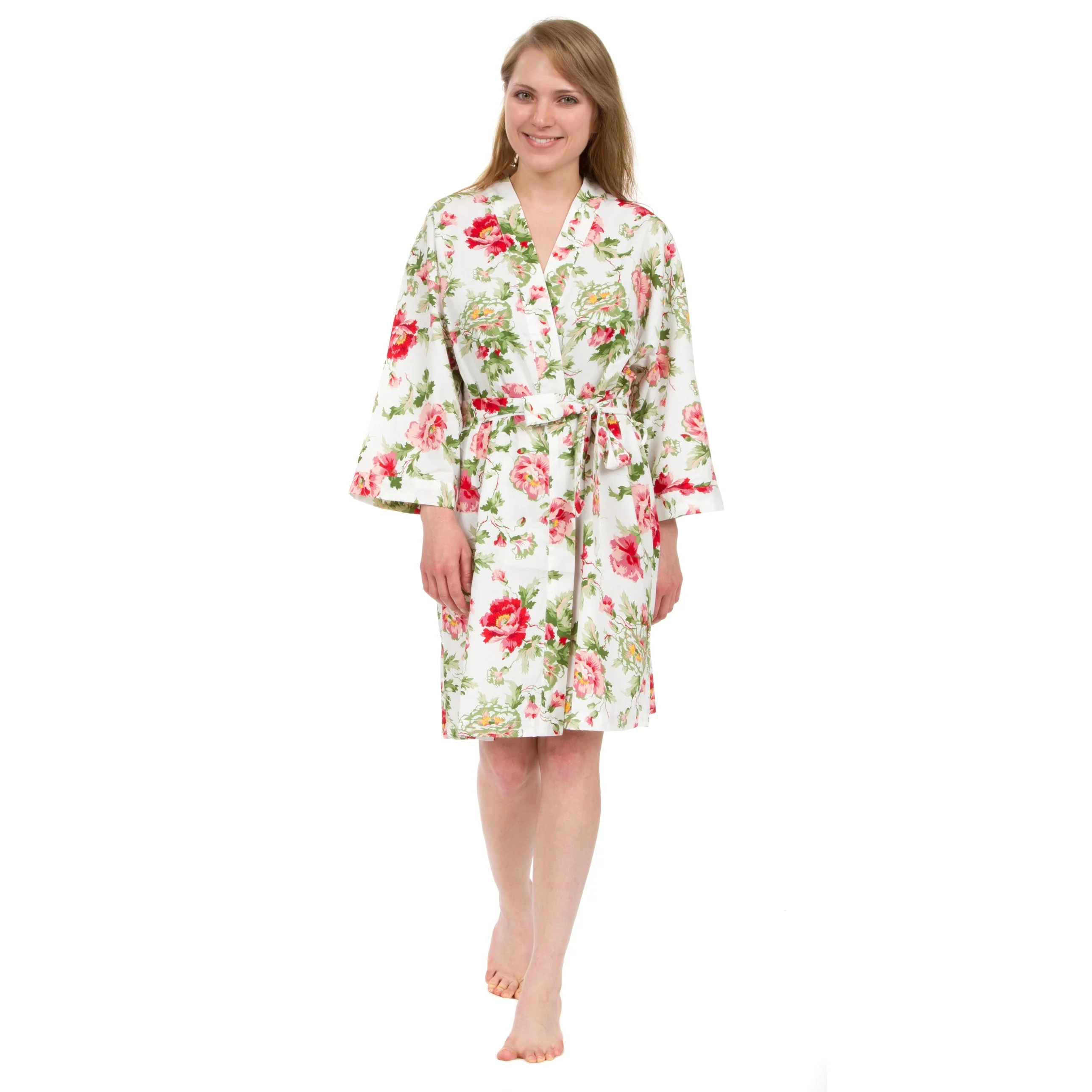 Leisureland Women's Cotton Poplin Robe, Short Kimono Floral Robe