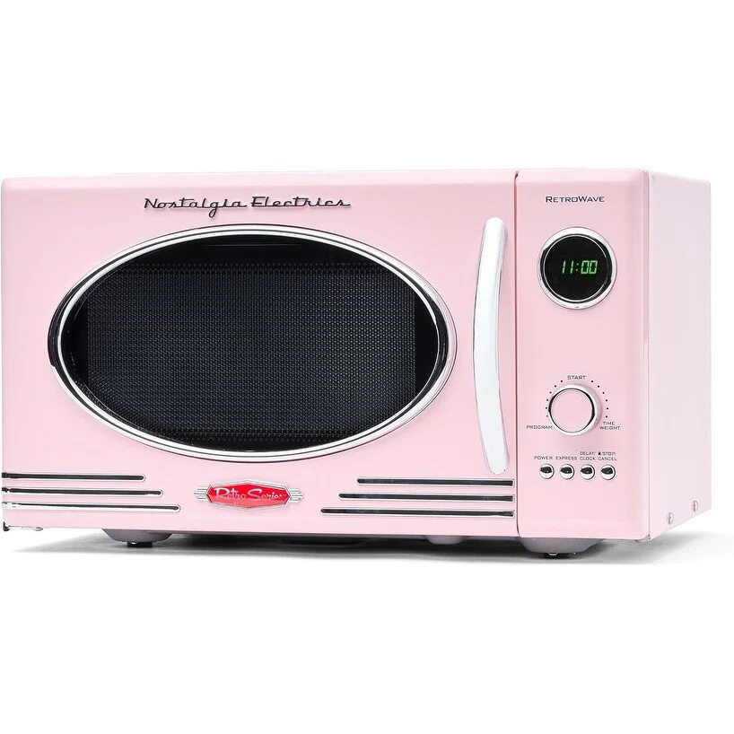 0.9 Cu Ft Retro Microwave with 800W Power, 12 Presets & Digital Clock in Pink for Kitchen