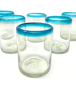 Dos Sueños Hand Blown Mexican Drinking Glasses - Set of 6 Tumbler Glasses with Aqua Blue Rims (10 oz each)