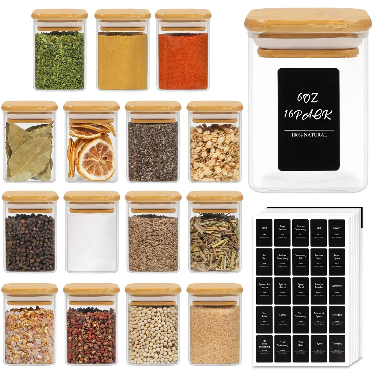 16Pcs Glass Spice Jars with Bamboo Lid, 6oz Airtight Square Containers with 275 Black Lables,Empty Seasoning Jars for Salt Sugar