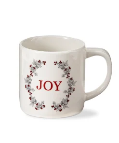 "Farmhouse Christmas" White Earthenware 16 oz. Joy Sentiment Mug Featuring Holly Berries and Leaves, Coffee, Hot Coco, Tea,