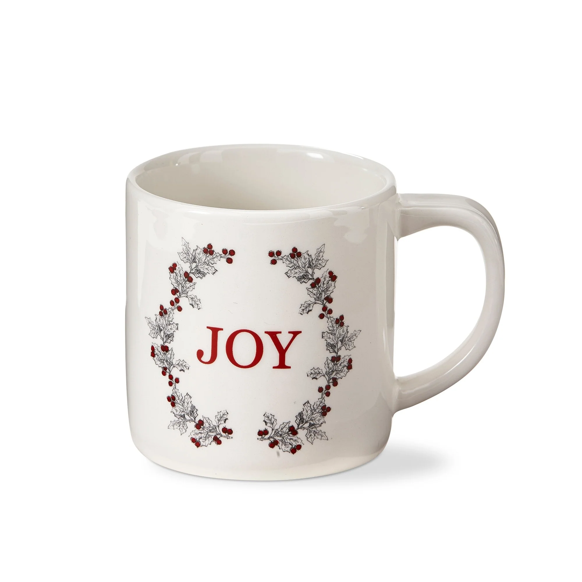 "Farmhouse Christmas" White Earthenware 16 oz. Joy Sentiment Mug Featuring Holly Berries and Leaves, Coffee, Hot Coco, Tea,