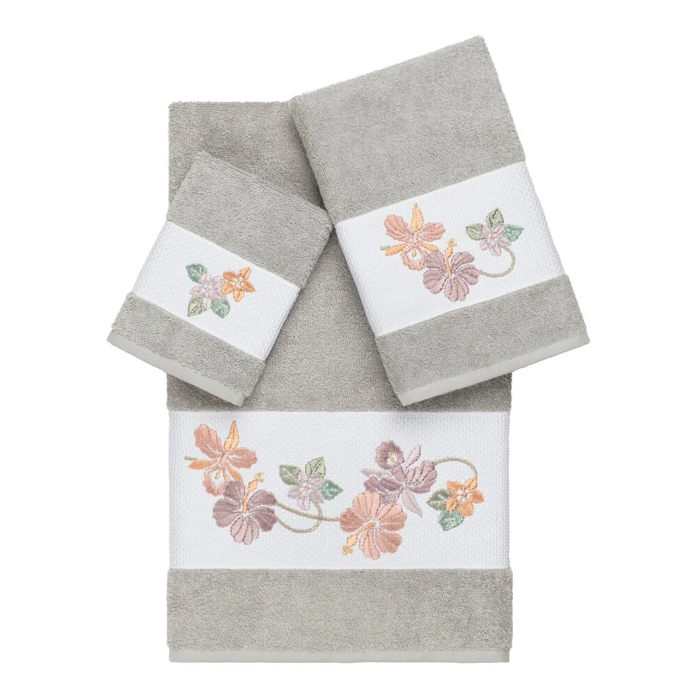 Authentic Hotel and Spa Turkish Cotton Floral Vine Embroidered Light Grey 3-piece Towel Set