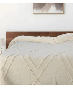 Ivory Geometric King Cotton Coverlet With Fringe