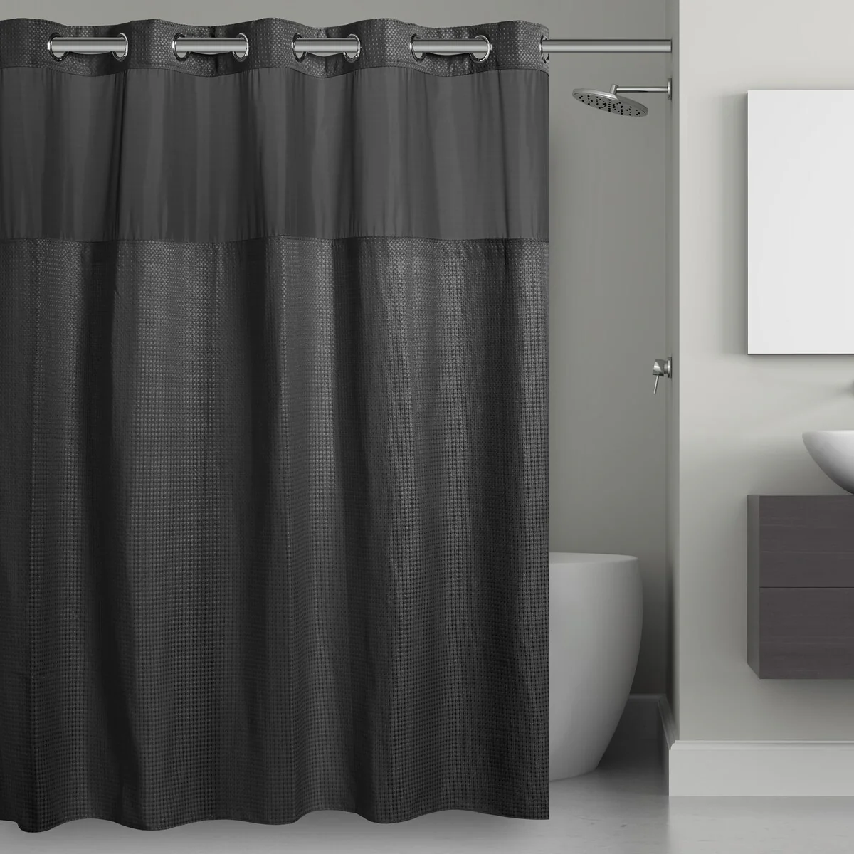 Hookless Waffle 3-in-1 Shower Curtain with Sheer Top Window, Flex-on Rings & Fabric Liner