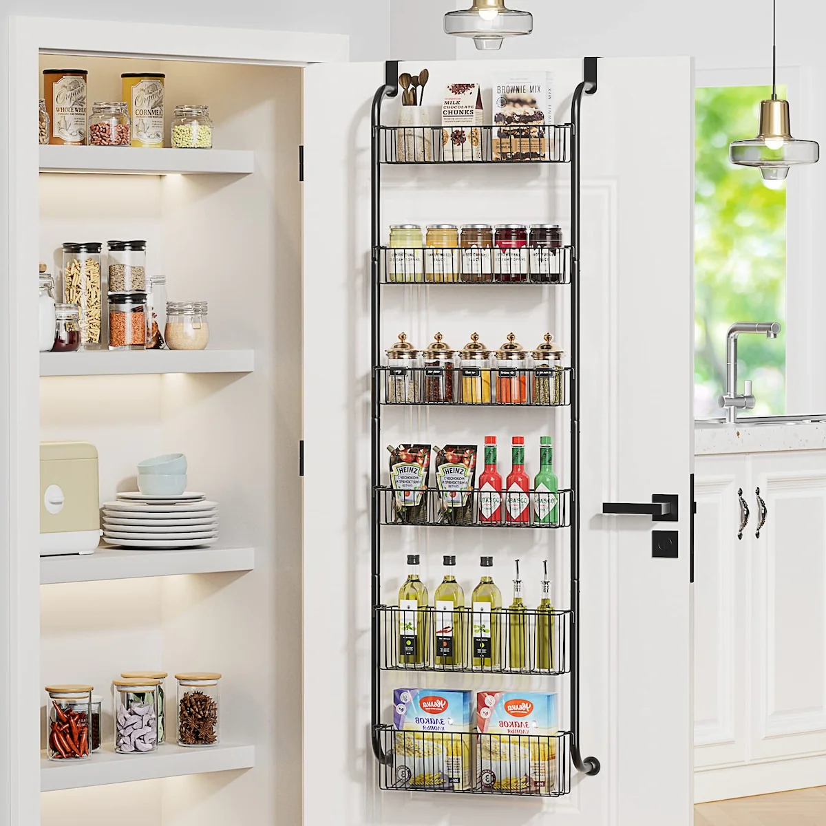 6 Tier Over the Door Pantry Organizer Rack with 4 + 2 Full Baskets, Hanging & Wall Mount Spice Rack Kitchen Storage Rack