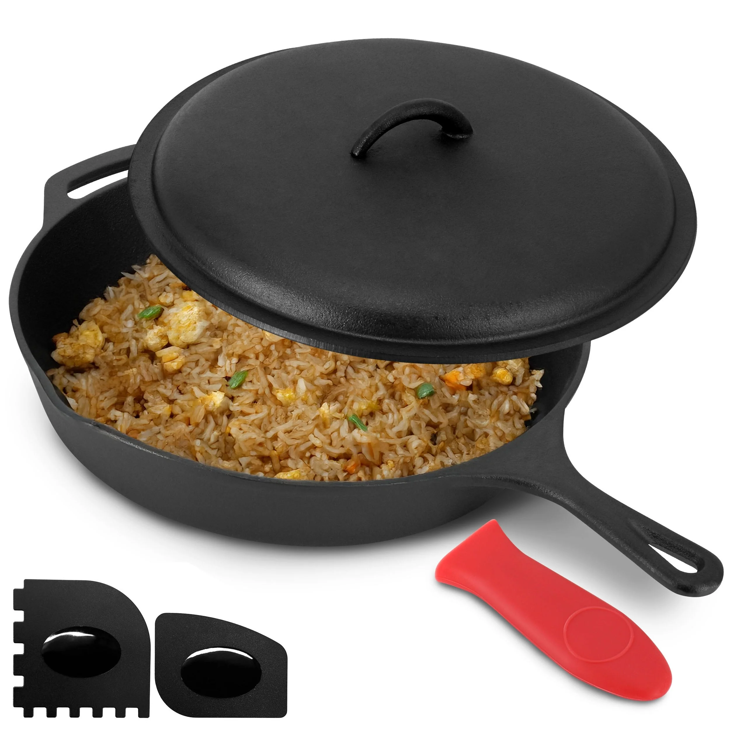 12 Inch Pre-Seasoned Cast Iron Skillet Includes Cast Iron Lid and Silicone Handle Cover