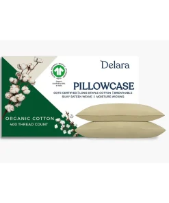 Delara GOTS Certified 100% Organic Cotton Pillowcase Pack of 2, 400 TC Long Staple Cotton, Moisture-Wicking, Smooth & Breathable
