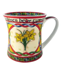 11oz Colorful Bone China Mug with Glossy Finish and Welsh Daffodil and Knot Design