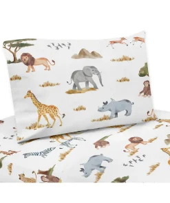 Jungle Animals 3pc Twin Sheet Set Hunter Green Yellow Grey Black and White Safari Animal Elephant Giraffe Lion Monkey Leopard